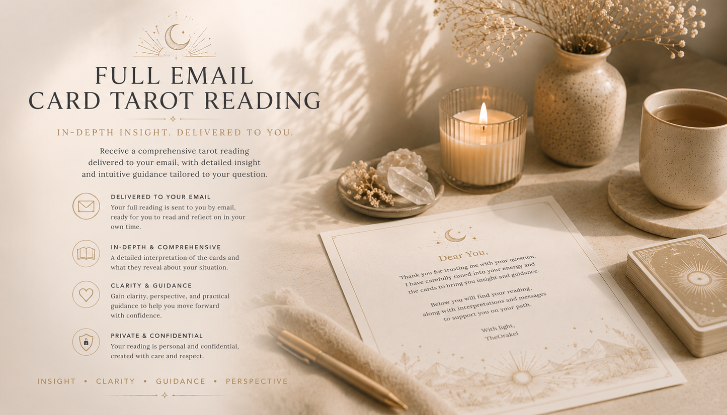 Elegant warm-toned promotional image for TheOrakel’s Reflective Tarot Reading email session featuring softly lit tarot cards, candlelight, a journal, and neutral minimalist décor, representing private intuitive guidance, emotional reflection, spiritual insight, clarity, and confidential written tarot support.