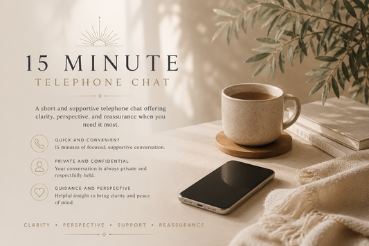 Warm, minimalist promotional image for The Orakel’s 15 Minute Clarity Chat Telephone Session featuring a calm neutral-toned workspace with a mobile phone, candle, tea cup, and soft natural lighting, representing private intuitive guidance, confidential conversation, clarity, reassurance, and emotional support.