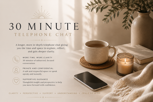 Warm and calming promotional image for The Orakel’s 30 Minute Guidance Telephone Session featuring a peaceful neutral-toned setting with a mobile phone, candlelight, tea cup, books, and soft natural lighting, representing confidential intuitive guidance, thoughtful conversation, emotional clarity, perspective, and supportive reflection.