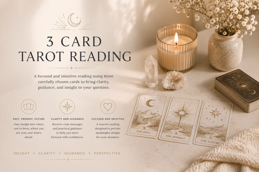 Warm minimalist promotional image for TheOrakel’s 3 Card Tarot Reading featuring softly lit tarot cards, candlelight, crystals, and neutral-toned décor, representing intuitive guidance, clarity, reflection, emotional insight, and peaceful spiritual perspective.