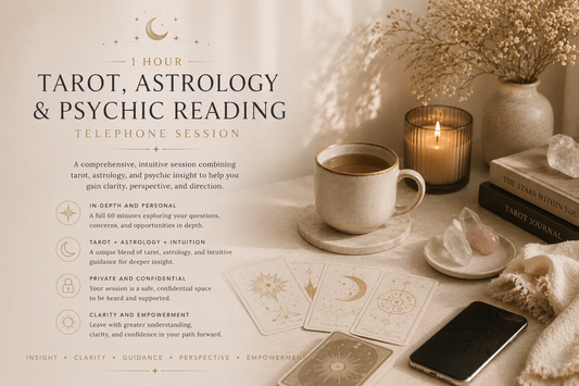 Atmospheric and elegant promotional image for TheOrakel’s 60 Minute In-Depth Tarot & Guidance Telephone Session featuring a calm luxury interior with soft candlelight, subtle tarot symbolism, celestial details, and warm neutral tones, representing private intuitive guidance, reflective conversation, spiritual insight, emotional clarity, and confidential one-to-one support.