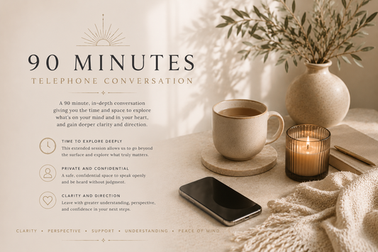 Warm minimalist promotional image for TheOrakel’s 90 Minute Extended Guidance Session featuring a calm neutral-toned setting with a mobile phone, candlelight, tea cup, notebook, and soft natural lighting, representing private intuitive guidance, reflective conversation, emotional clarity, confidential support, and deeper personal insight.
