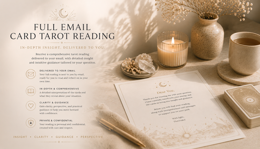 Elegant warm-toned promotional image for TheOrakel’s Reflective Tarot Reading email session featuring softly lit tarot cards, candlelight, a journal, and neutral minimalist décor, representing private intuitive guidance, emotional reflection, spiritual insight, clarity, and confidential written tarot support.